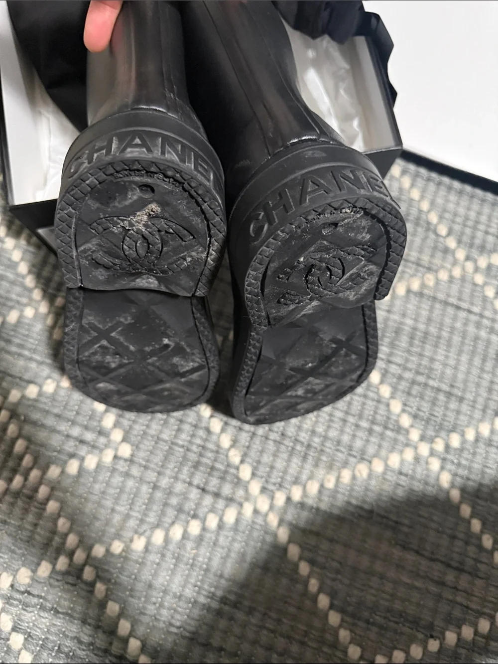 CHANEL Black Logo Knee-High Leather Boots